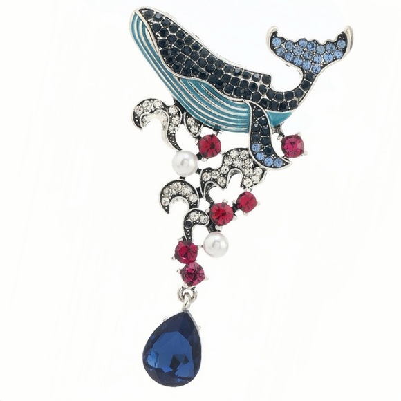 Large Whale Brooch Blue Whale Pin Vintage Style Pin Rhinestone Whale Brooch - Picture 3 of 7